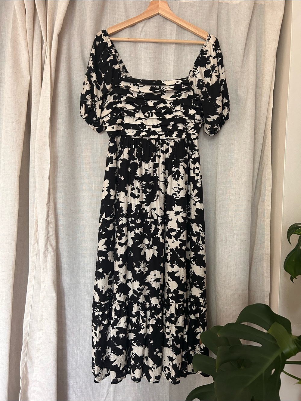 Black and White Floral Midi Dress with Square Neck